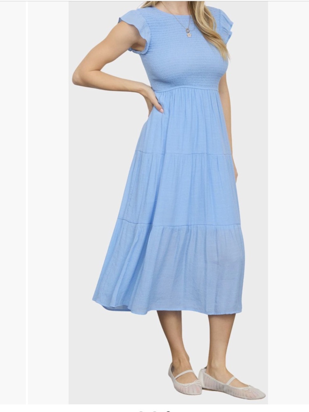 Blu Pepper Dusty Blue Smocked Tiered Midi Dress